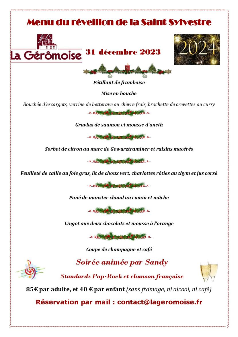 Menu de réveillon de la Saint Sylvestre 31 décembre 2023 La Géromoise